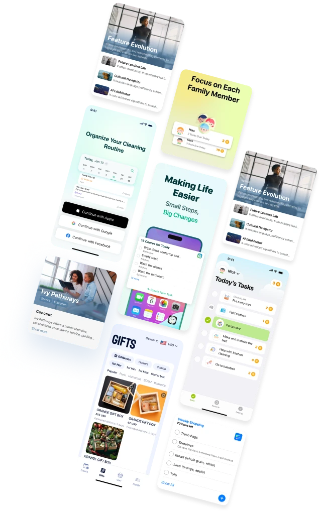 Mobile app interfaces shipped by Startups DNA founders